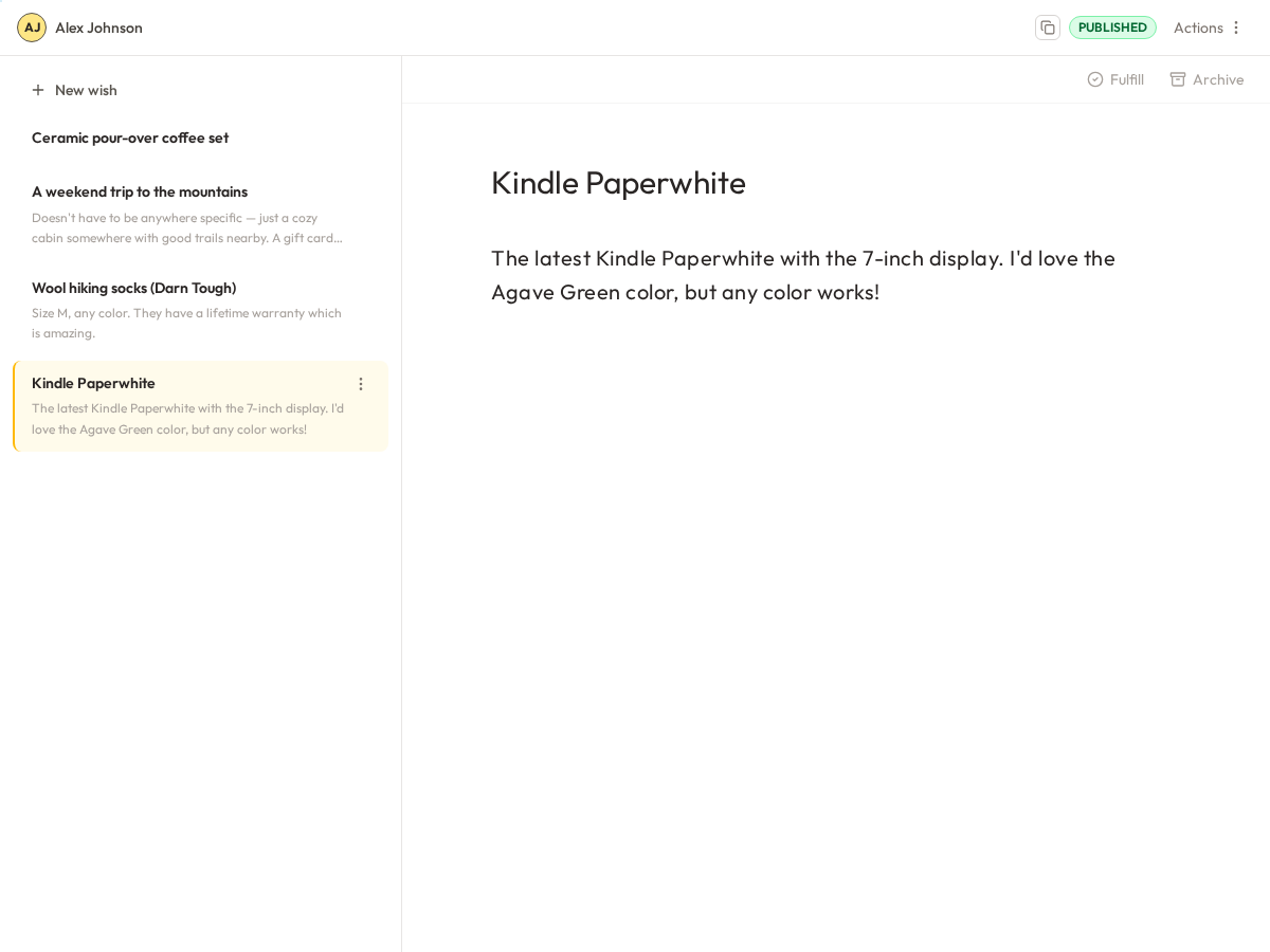 Wishlist editor showing a list of wishes and the rich text editor