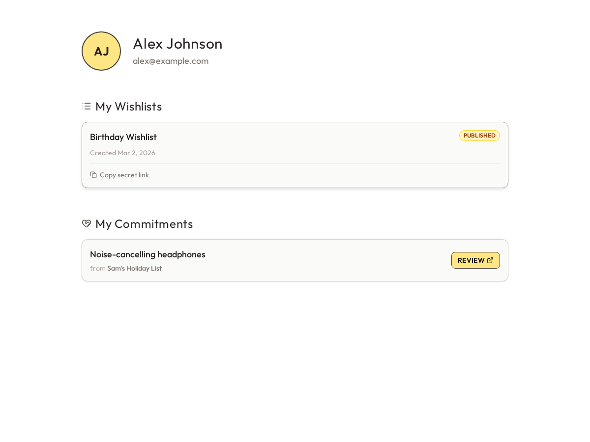 Profile page showing wishlists and commitments