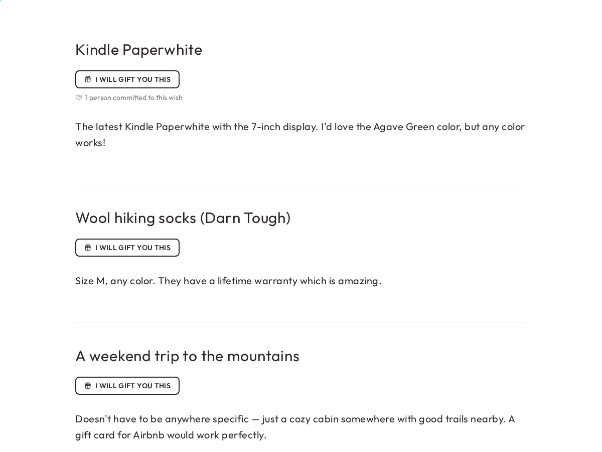 Shared wishlist view where friends can commit to wishes